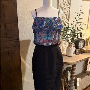 Nicole Teal Paisley and Black dress